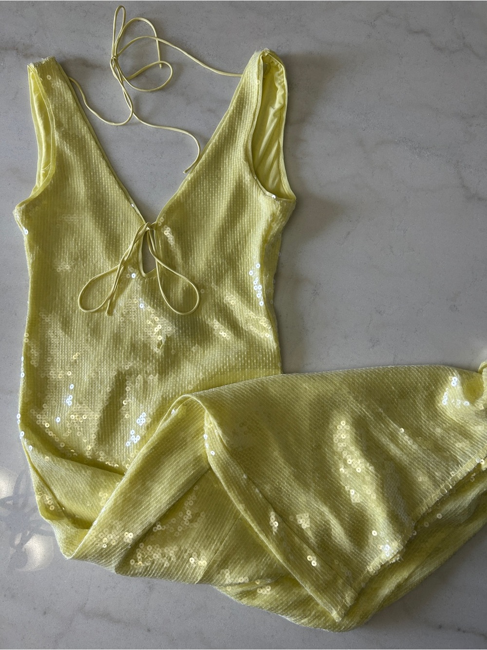 Bardot Isha Yellow Sequin V-Neck Slip Dress - Midi